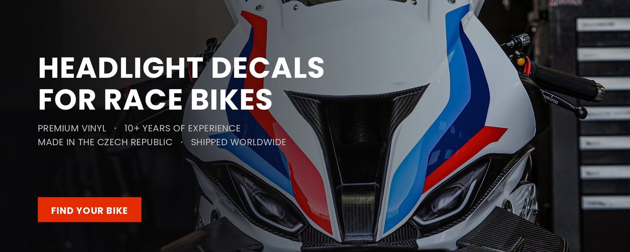 Headlight decals for race bikes fitted to the front fairing of a race bike