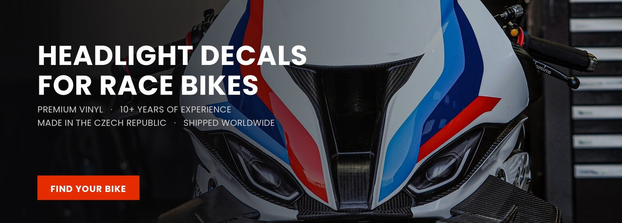 Headlight decals for race bikes fitted to the front fairing of a race bike